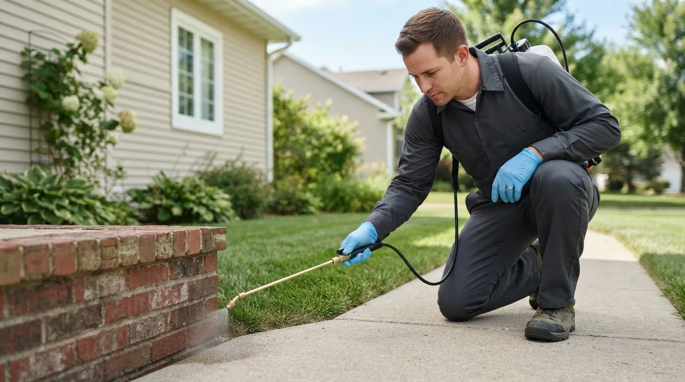 Pest control technician treating a home near Petrolia, TX