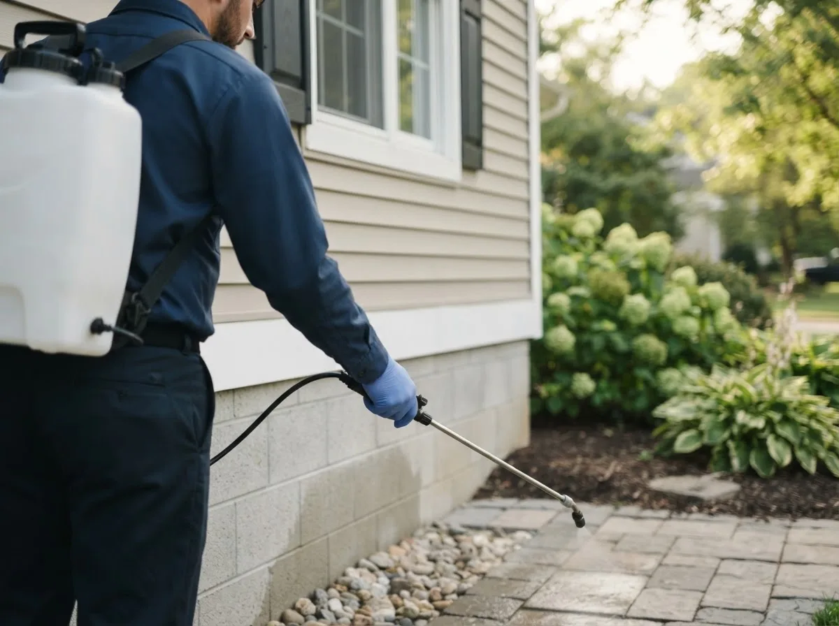 Pest control technician inspecting a home in Petrolia, TX